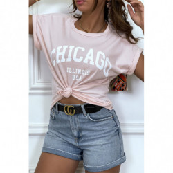 T-shirt Chicago en rose légèrement ample avec manches revers