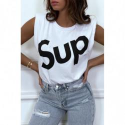 T-shirt blanc oversize sans manches à épaulettes et écriture "sup"