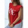 T-shirt sans manches rouge à épaulettes et écriture "love"