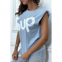 T-shirt bleu oversize sans manches à épaulettes et écriture "sup"