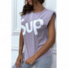 T-shirt lilas oversize sans manches à épaulettes et écriture "sup"