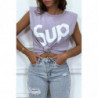 T-shirt lilas oversize sans manches à épaulettes et écriture "sup"