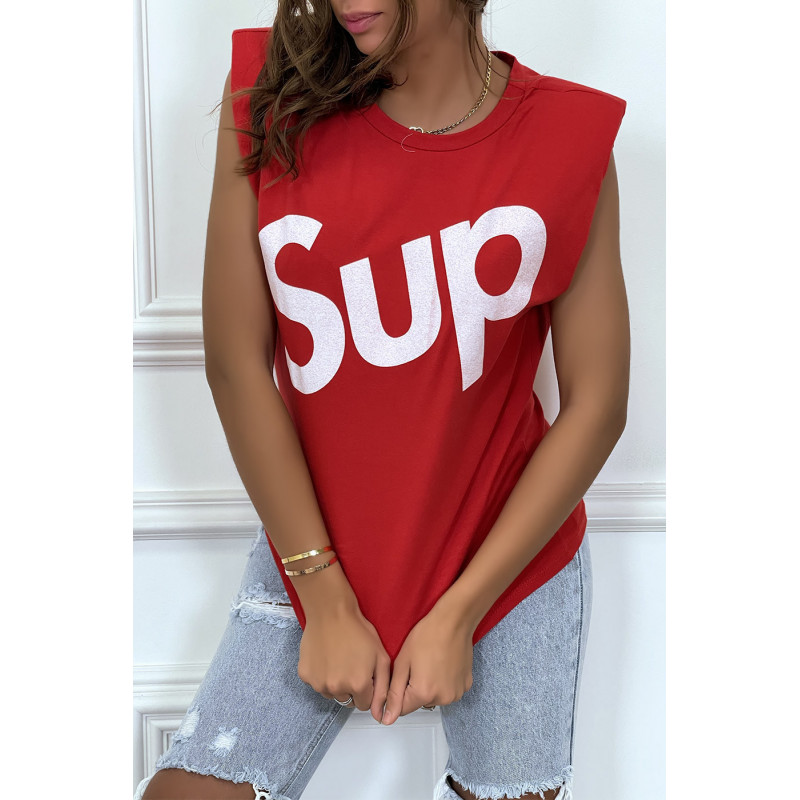 T-shirt rouge oversize sans manches à épaulettes et écriture "sup"