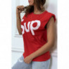 T-shirt rouge oversize sans manches à épaulettes et écriture "sup"