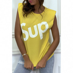 T-shirt jaune oversize sans manches à épaulettes et écriture "sup"