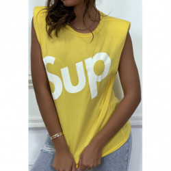 T-shirt jaune oversize sans manches à épaulettes et écriture "sup"