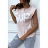 T-shirt rose oversize sans manches à épaulettes et écriture "sup"