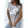 T-shirt gris oversize sans manches à épaulettes et écriture "sup"