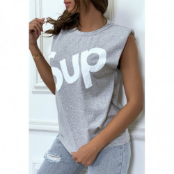 T-shirt gris oversize sans manches à épaulettes et écriture "sup"