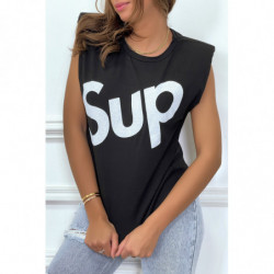 T-shirt noir oversize sans manches à épaulettes et écriture "sup"