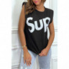 T-shirt noir oversize sans manches à épaulettes et écriture "sup"