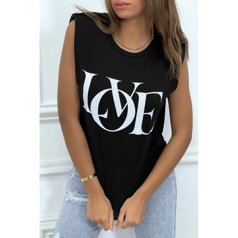 T-shirt sans manches noir à épaulettes et écriture "love"