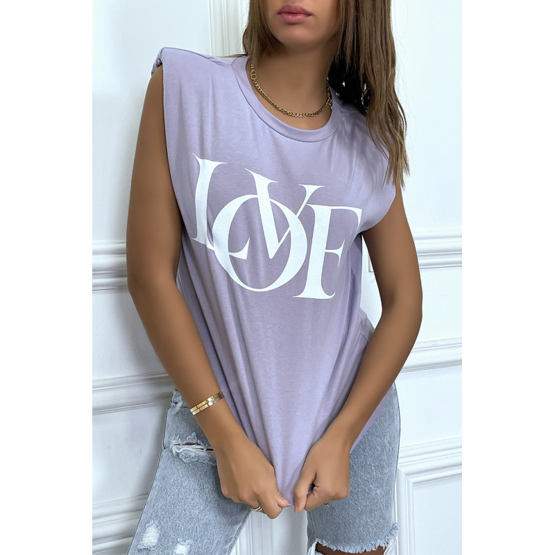 T-shirt sans manches lilas à épaulettes et écriture "love"