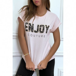 T-shirt rose ENJOY avec manches revers et coupe loose. T-shirt femme fashion