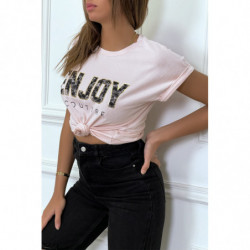 T-shirt rose ENJOY avec manches revers et coupe loose. T-shirt femme fashion