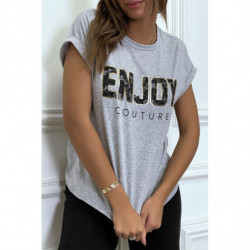 T-shirt gris ENJOY avec manches revers et coupe loose. T-shirt femme fashion