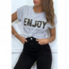 T-shirt gris ENJOY avec manches revers et coupe loose. T-shirt femme fashion