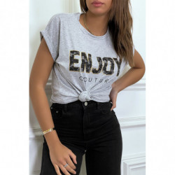 T-shirt gris ENJOY avec manches revers et coupe loose. T-shirt femme fashion