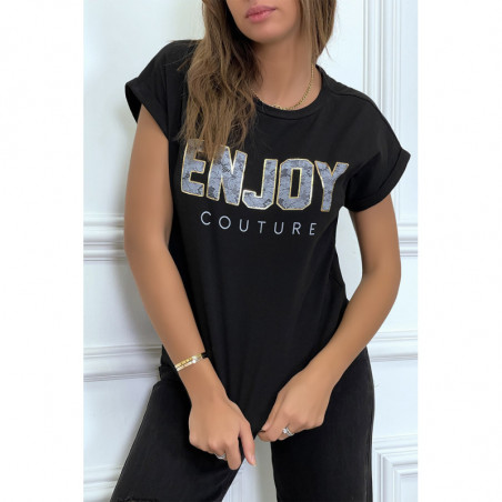 T-shirt noir ENJOY avec manches revers et coupe loose. T-shirt femme fashion