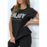 T-shirt noir ENJOY avec manches revers et coupe loose. T-shirt femme fashion