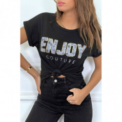 T-shirt noir ENJOY avec manches revers et coupe loose. T-shirt femme fashion