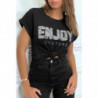 T-shirt noir ENJOY avec manches revers et coupe loose. T-shirt femme fashion