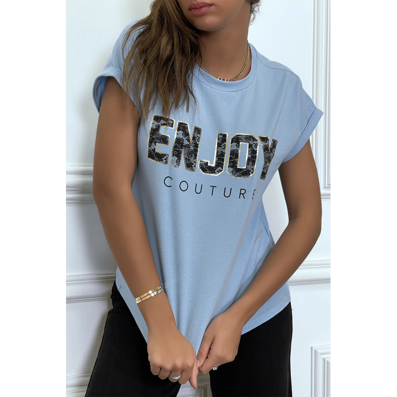 T-shirt turquoise ENJOY avec manches revers et coupe loose. T-shirt femme fashion