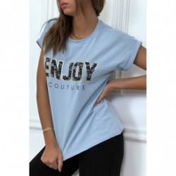 T-shirt turquoise ENJOY avec manches revers et coupe loose. T-shirt femme fashion