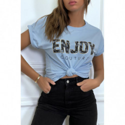 T-shirt turquoise ENJOY avec manches revers et coupe loose. T-shirt femme fashion