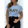 T-shirt turquoise ENJOY avec manches revers et coupe loose. T-shirt femme fashion