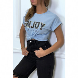 T-shirt turquoise ENJOY avec manches revers et coupe loose. T-shirt femme fashion