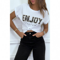 T-shirt blanc ENJOY avec manches revers et coupe loose. T-shirt femme fashion