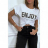 T-shirt blanc ENJOY avec manches revers et coupe loose. T-shirt femme fashion