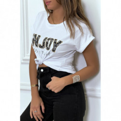 T-shirt blanc ENJOY avec manches revers et coupe loose. T-shirt femme fashion