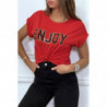 T-shirt rouge ENJOY avec manches revers et coupe loose. T-shirt femme fashion