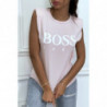 T-shirt rose en coton avec épaulettes et écriture BOSS Lady