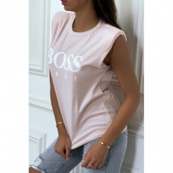 T-shirt rose en coton avec épaulettes et écriture BOSS Lady