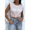 T-shirt rose en coton avec épaulettes et écriture BOSS Lady