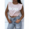 T-shirt rose en coton avec épaulettes et écriture BOSS Lady