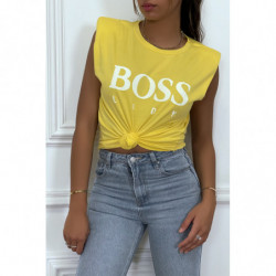 T-shirt jaune en coton avec épaulettes et écriture BOSS Lady