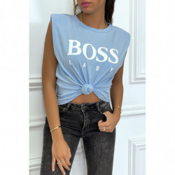 T-shirt turquoise en coton avec épaulettes et écriture BOSS Lady