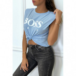 T-shirt turquoise en coton avec épaulettes et écriture BOSS Lady