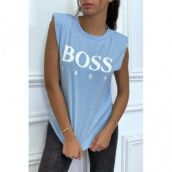 T-shirt turquoise en coton avec épaulettes et écriture BOSS Lady