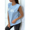 T-shirt turquoise en coton avec épaulettes et écriture BOSS Lady