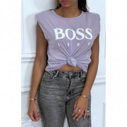 T-shirt lilas en coton avec épaulettes et écriture BOSS Lady