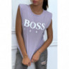 T-shirt lilas en coton avec épaulettes et écriture BOSS Lady