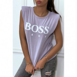 T-shirt lilas en coton avec épaulettes et écriture BOSS Lady