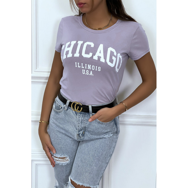 T-shirt lilas en coton avec écriture CHICAGO. T-shirt femme