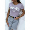 T-shirt lilas en coton avec écriture CHICAGO. T-shirt femme