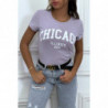 T-shirt lilas en coton avec écriture CHICAGO. T-shirt femme